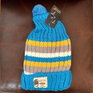 NWT LADIES T&T FASHION DESIGN STRIPED TEAL & YELLOW KNIT BEANIE HAT WITH POM POM